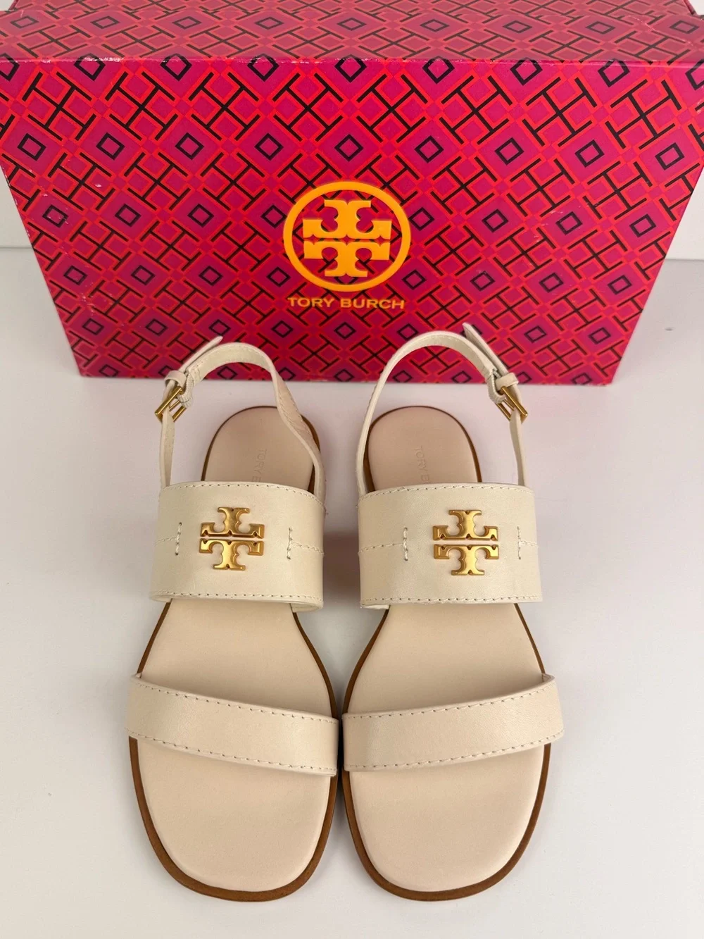 Tory Burch Mini Everly Back Strap Sandals New Ivory Gold Logo Flat Size 5